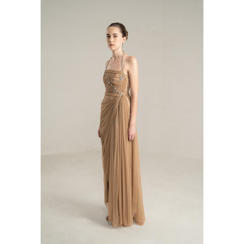 SOTBELLA Beige Draped Gown with Rhinestone Embellishments