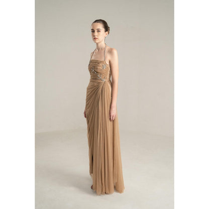 SOTBELLA Beige Draped Gown with Rhinestone Embellishments