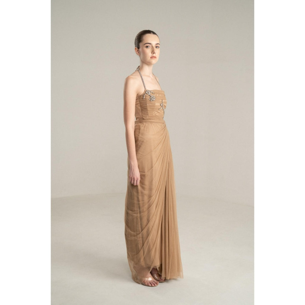 SOTBELLA Beige Draped Gown with Rhinestone Embellishments