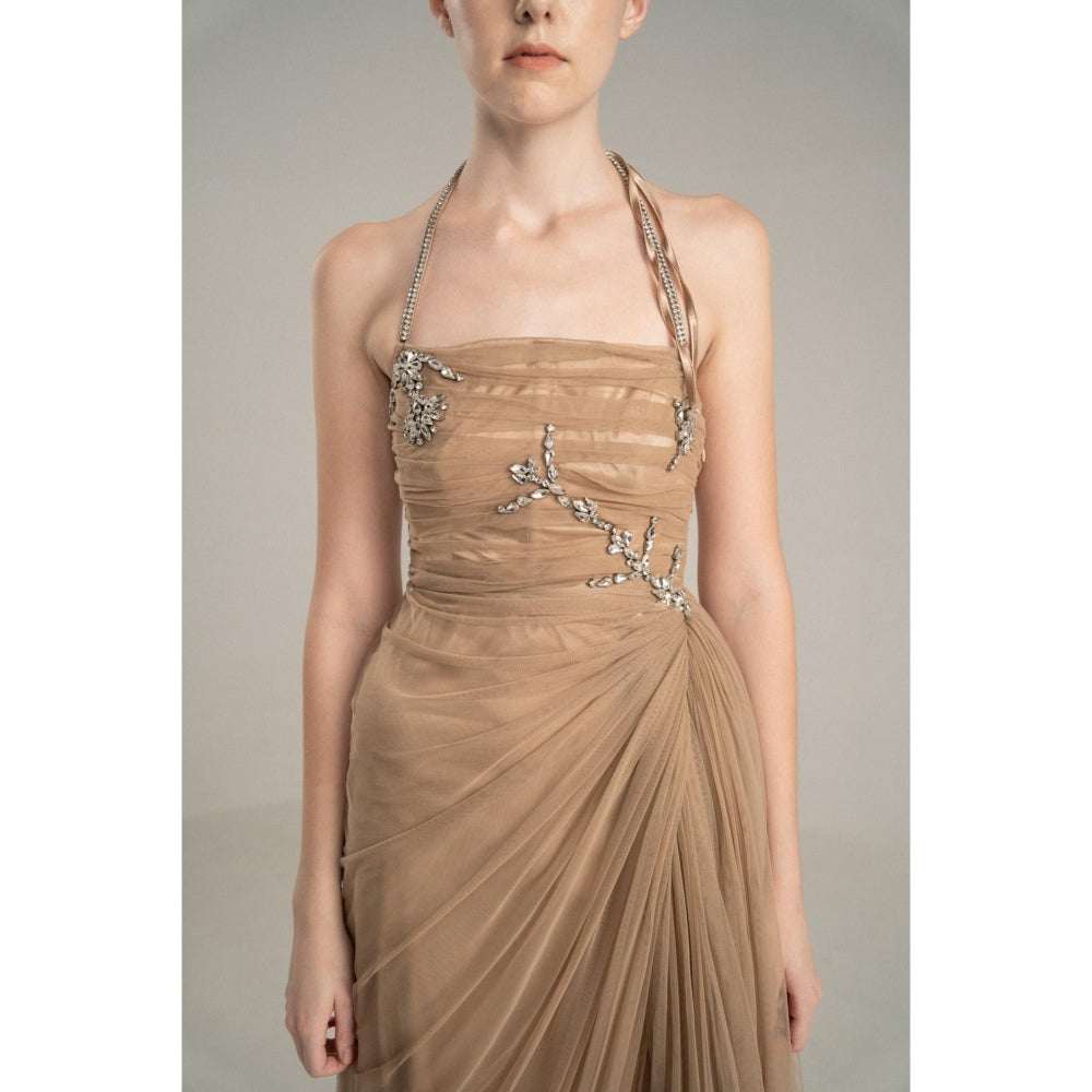 SOTBELLA Beige Draped Gown with Rhinestone Embellishments
