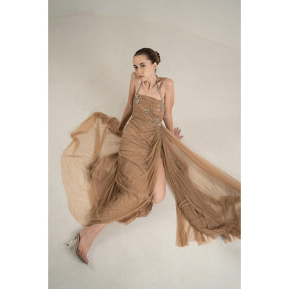 SOTBELLA Beige Draped Gown with Rhinestone Embellishments