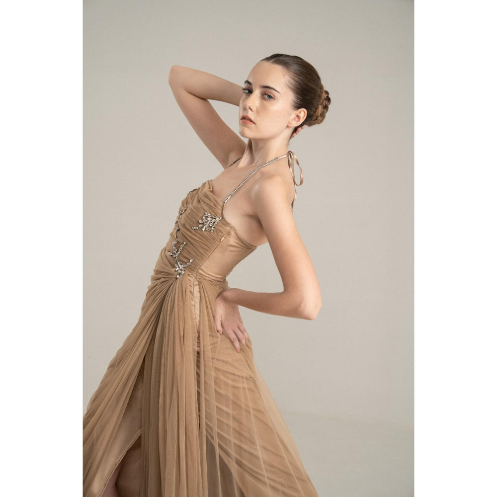 SOTBELLA Beige Draped Gown with Rhinestone Embellishments