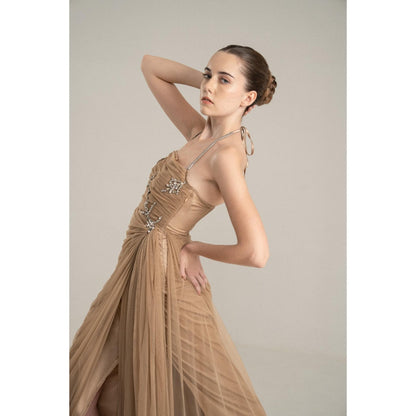 SOTBELLA Beige Draped Gown with Rhinestone Embellishments