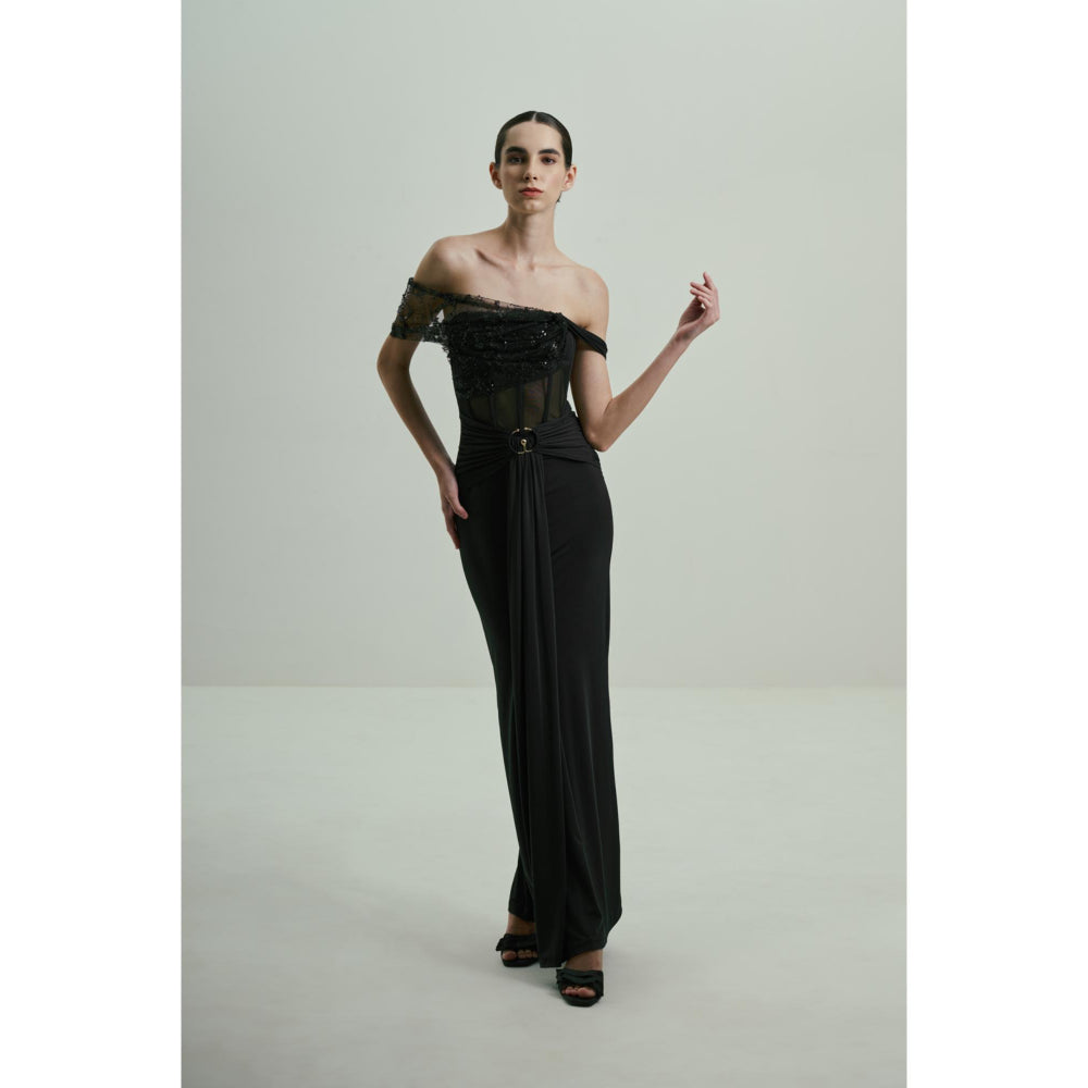 SOTBELLA Black Sequined Off-Shoulder Gown