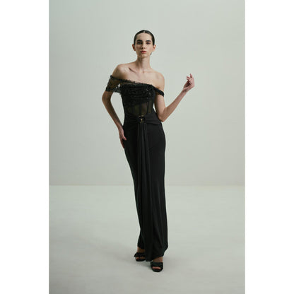 SOTBELLA Black Sequined Off-Shoulder Gown
