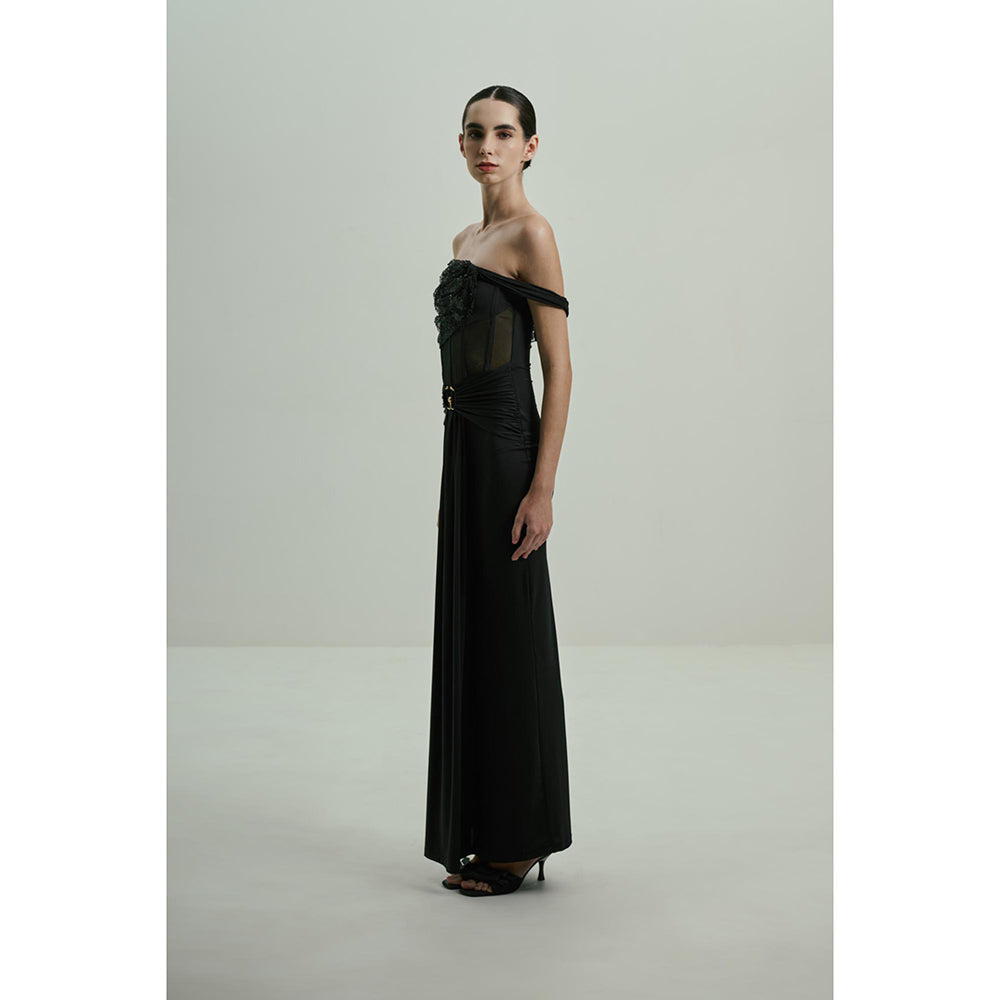 SOTBELLA Black Sequined Off-Shoulder Gown