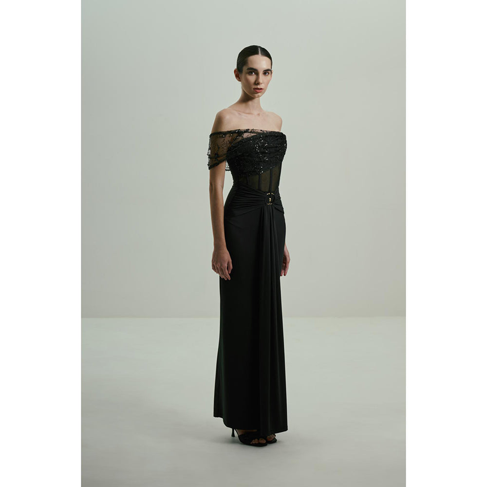 SOTBELLA Black Sequined Off-Shoulder Gown