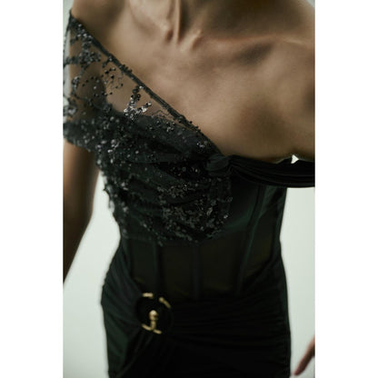 SOTBELLA Black Sequined Off-Shoulder Gown