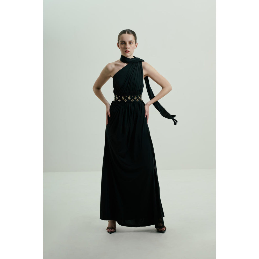 SOTBELLA Black One-Shoulder Draped Gown with Embellished Waist