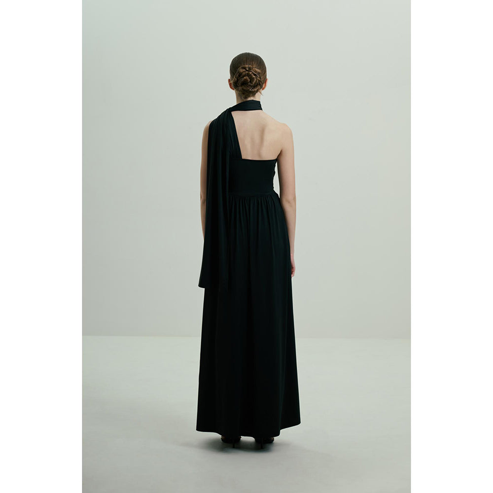 SOTBELLA Black One-Shoulder Draped Gown with Embellished Waist