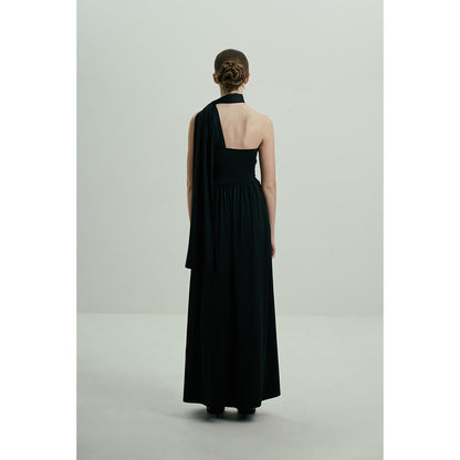 SOTBELLA Black One-Shoulder Draped Gown with Embellished Waist