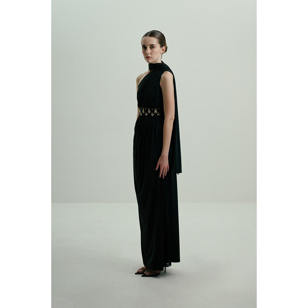 SOTBELLA Black One-Shoulder Draped Gown with Embellished Waist