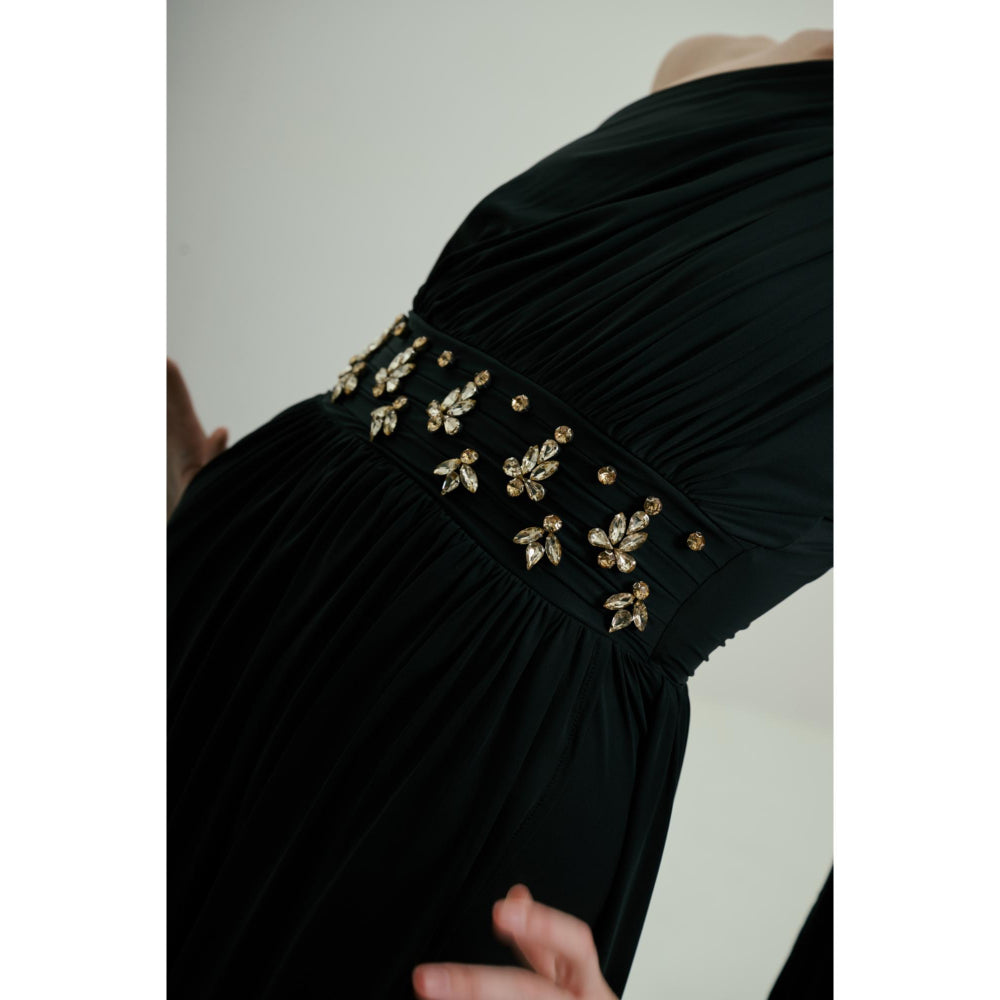 SOTBELLA Black One-Shoulder Draped Gown with Embellished Waist