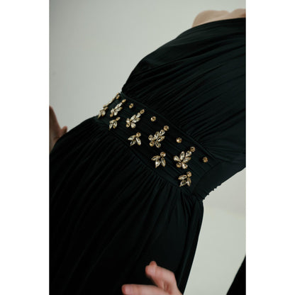 SOTBELLA Black One-Shoulder Draped Gown with Embellished Waist