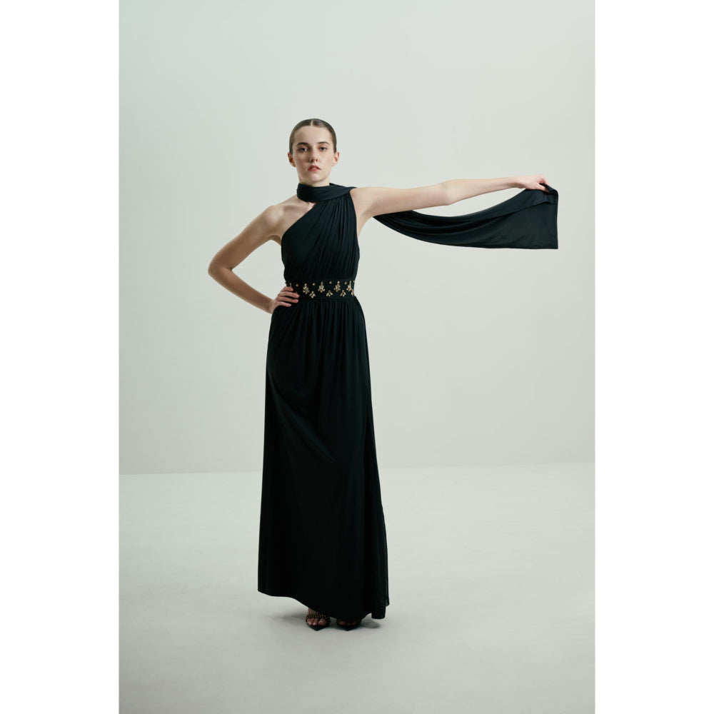 SOTBELLA Black One-Shoulder Draped Gown with Embellished Waist