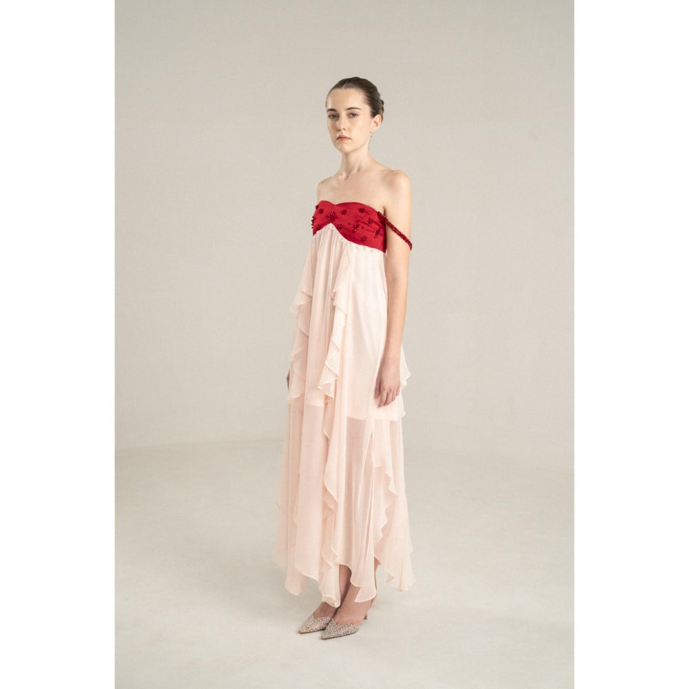 SOTBELLA Pink Flowing Midi Dress with Red Embellished Bustier