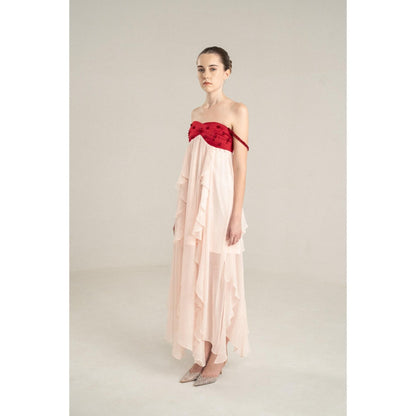 SOTBELLA Pink Flowing Midi Dress with Red Embellished Bustier