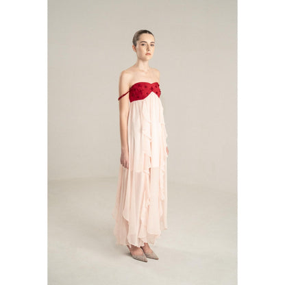 SOTBELLA Pink Flowing Midi Dress with Red Embellished Bustier