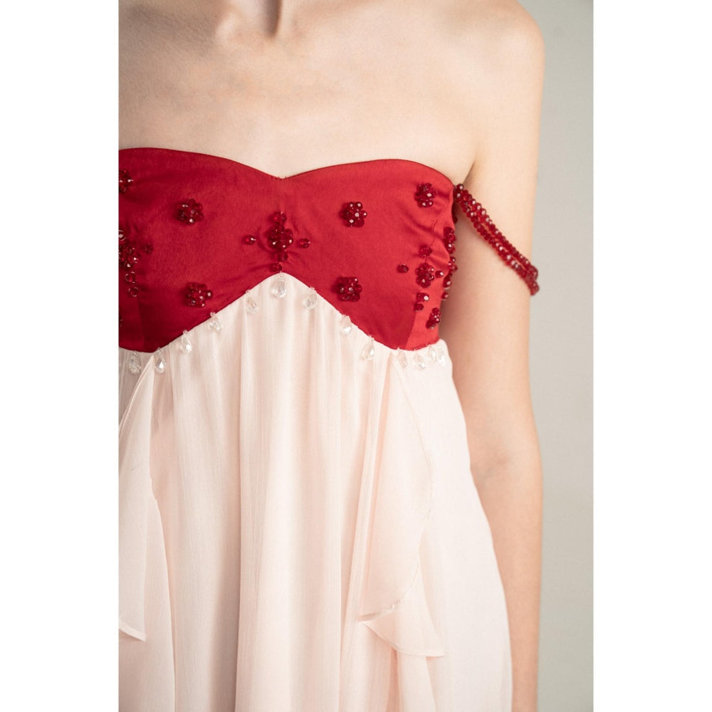 SOTBELLA Pink Flowing Midi Dress with Red Embellished Bustier