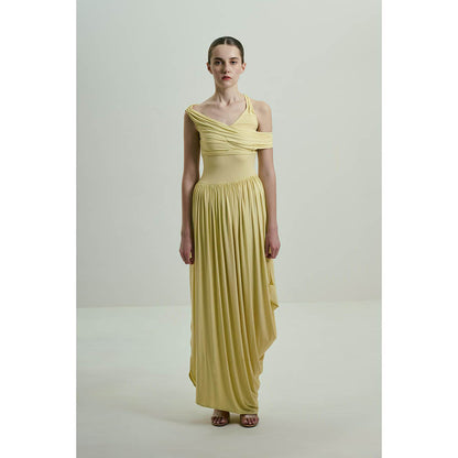 SOTBELLA Soft Butter Yellow Draped Asymmetric Neckline Maxi Dress