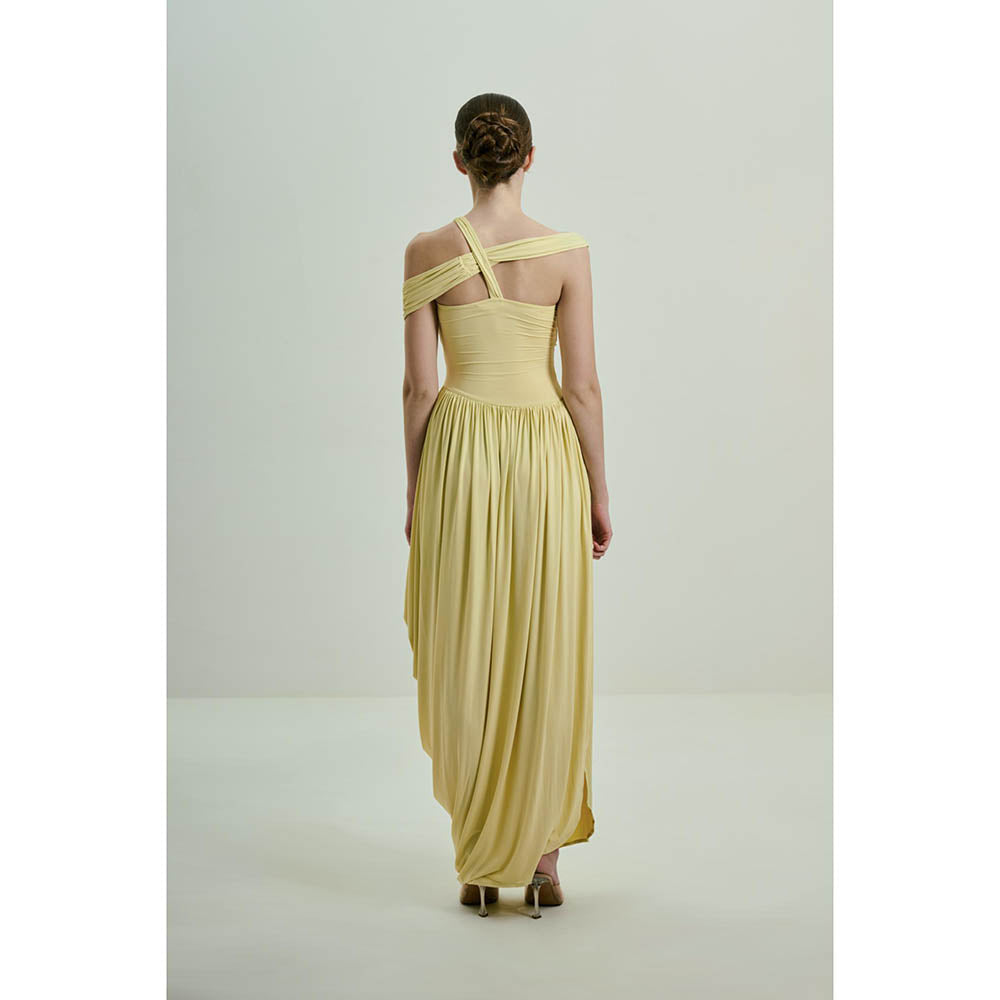 SOTBELLA Soft Butter Yellow Draped Asymmetric Neckline Maxi Dress