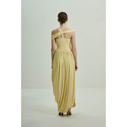 SOTBELLA Soft Butter Yellow Draped Asymmetric Neckline Maxi Dress