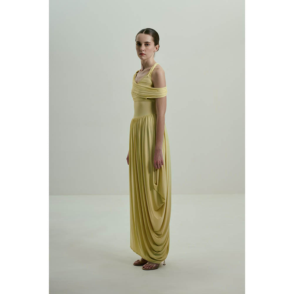 SOTBELLA Soft Butter Yellow Draped Asymmetric Neckline Maxi Dress