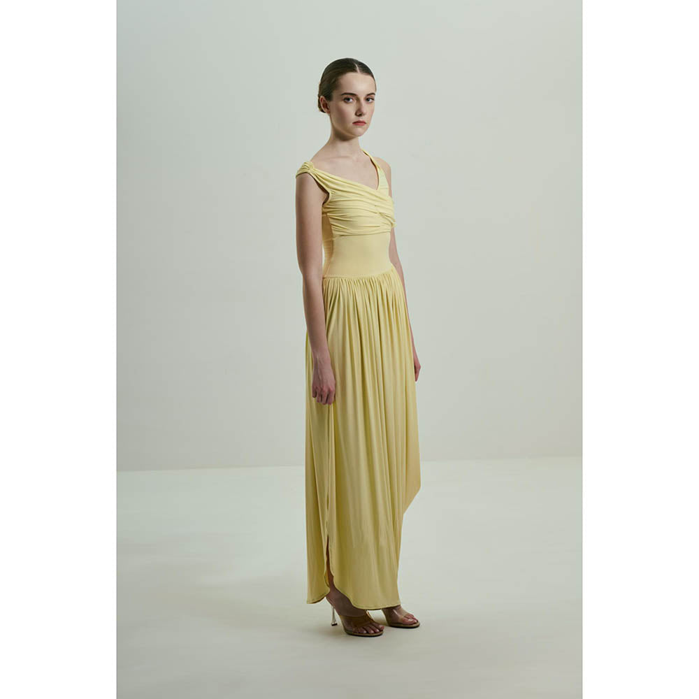 SOTBELLA Soft Butter Yellow Draped Asymmetric Neckline Maxi Dress