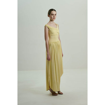 SOTBELLA Soft Butter Yellow Draped Asymmetric Neckline Maxi Dress