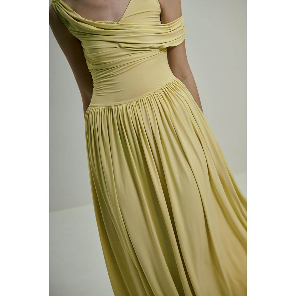 SOTBELLA Soft Butter Yellow Draped Asymmetric Neckline Maxi Dress