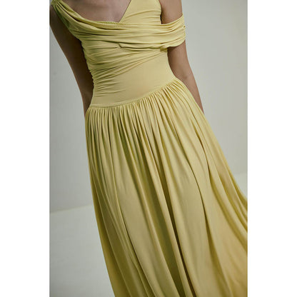 SOTBELLA Soft Butter Yellow Draped Asymmetric Neckline Maxi Dress