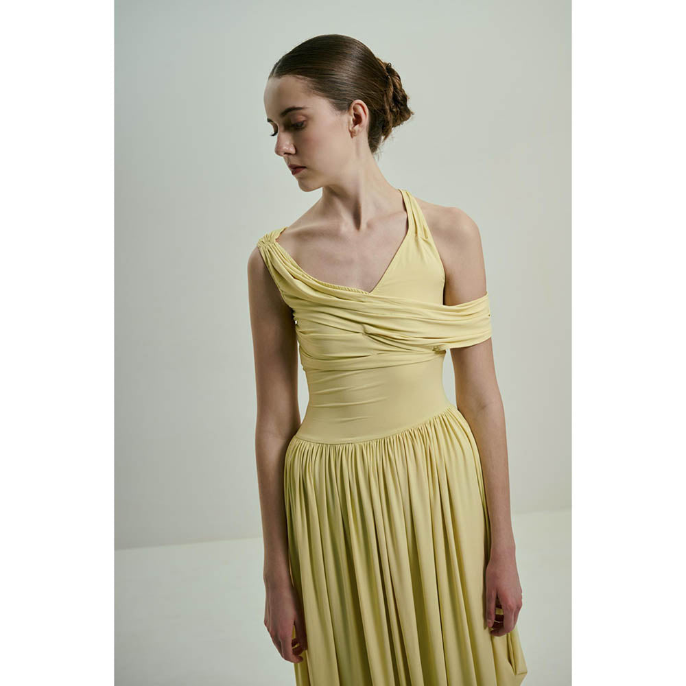 SOTBELLA Soft Butter Yellow Draped Asymmetric Neckline Maxi Dress