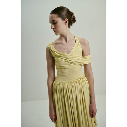 SOTBELLA Soft Butter Yellow Draped Asymmetric Neckline Maxi Dress