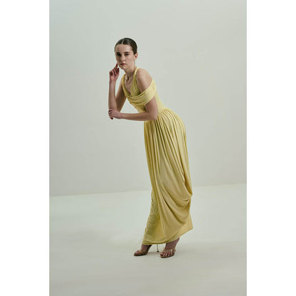 SOTBELLA Soft Butter Yellow Draped Asymmetric Neckline Maxi Dress