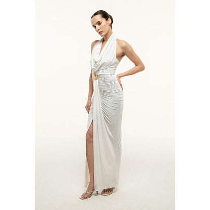 SOTBELLA WHITE HALTER DRAPED COLUMN DRESS WITH GOLD TRIM