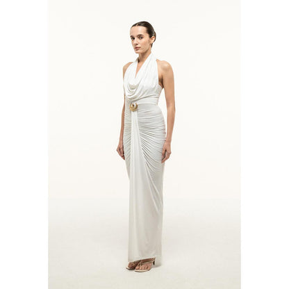 SOTBELLA WHITE HALTER DRAPED COLUMN DRESS WITH GOLD TRIM