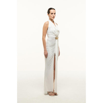 SOTBELLA WHITE HALTER DRAPED COLUMN DRESS WITH GOLD TRIM
