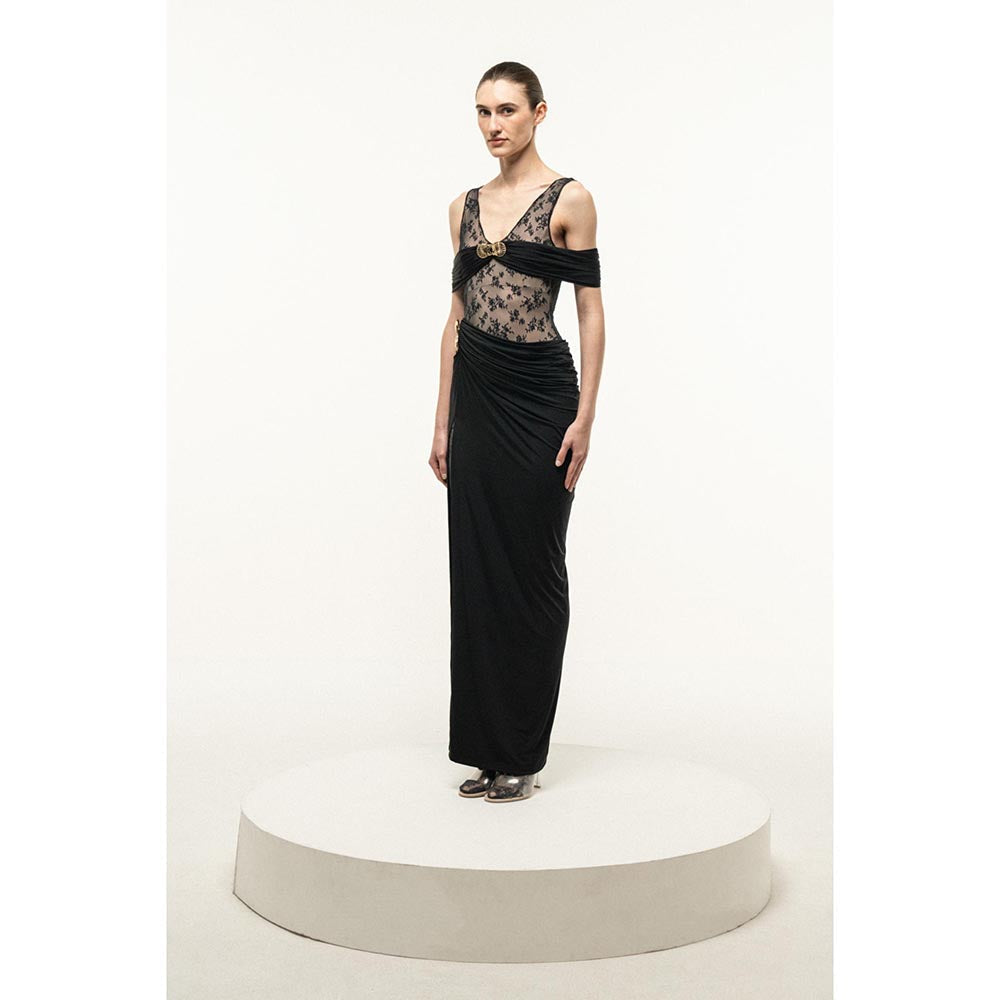 SOTBELLA BLACK LACE BODICE DRAPED MAXI DRESS