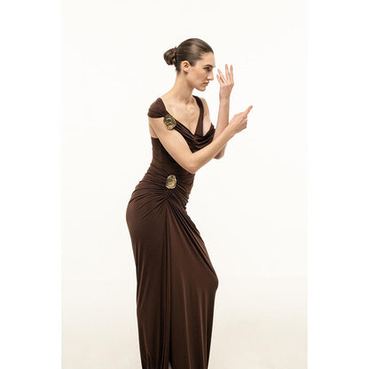SOTBELLA BROWN DRAPED MAXI DRESS WITH GOLD TRIM