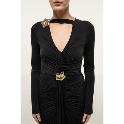 SOTBELLA BLACK RUCHED CUTOUT MAXI DRESS