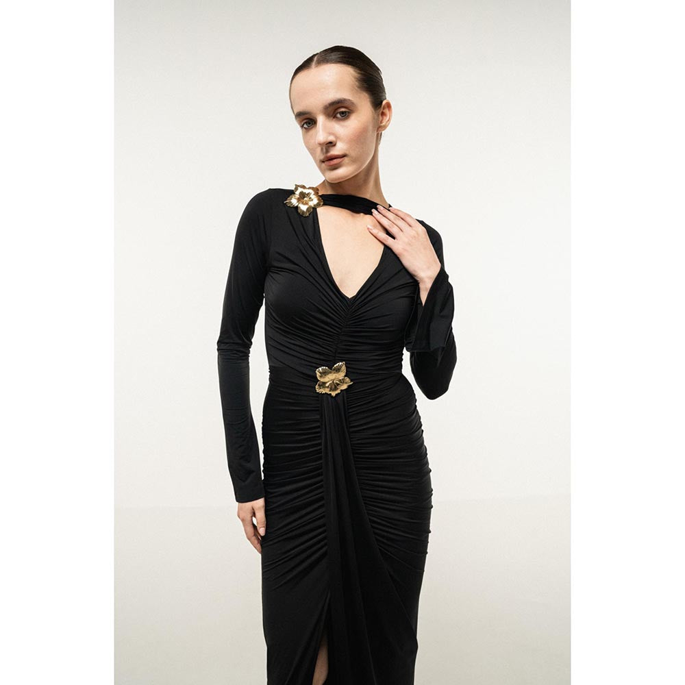 SOTBELLA BLACK RUCHED CUTOUT MAXI DRESS