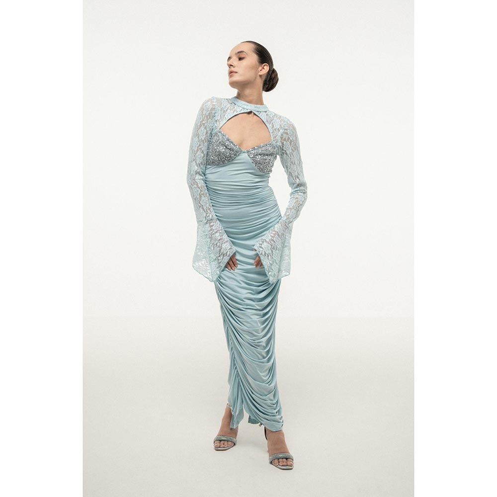 SOTBELLA BLUE LACE SLEEVE RUCHED DRESS