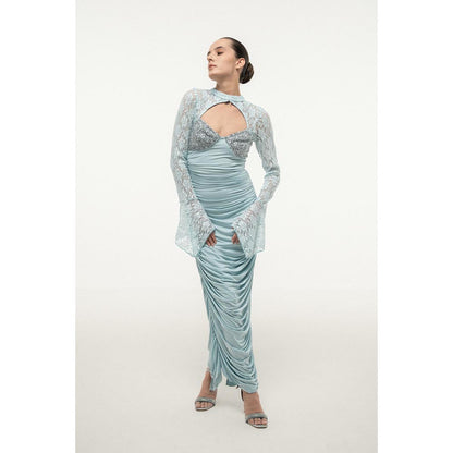 SOTBELLA BLUE LACE SLEEVE RUCHED DRESS