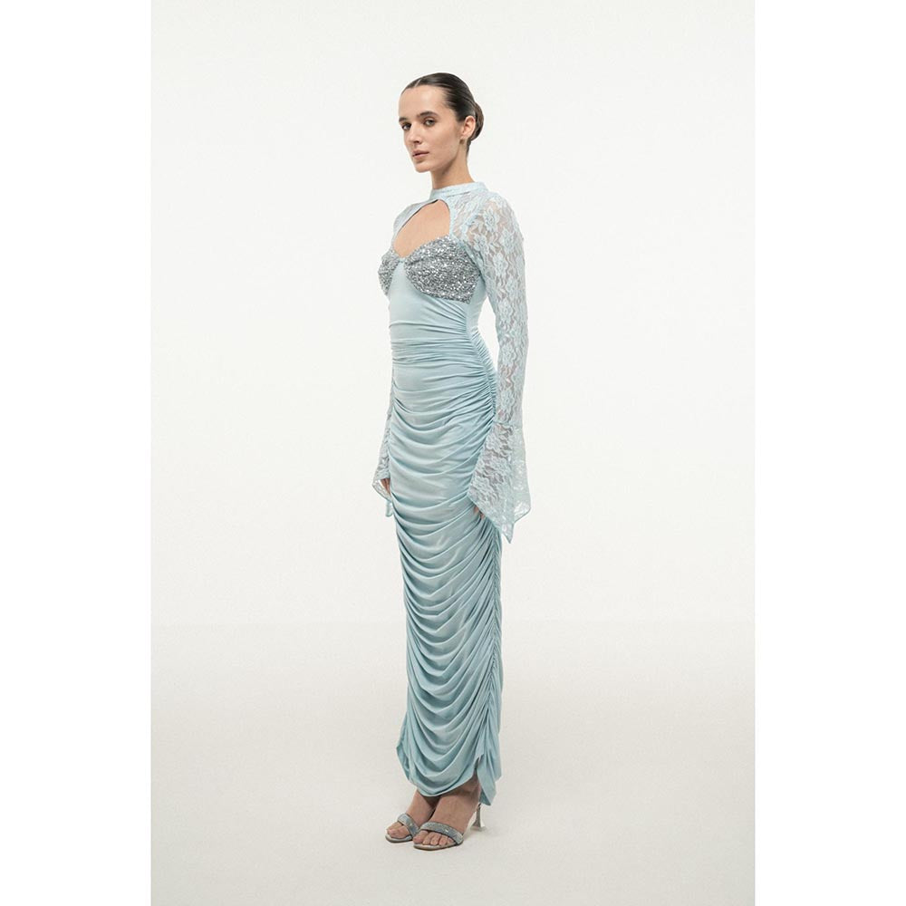 SOTBELLA BLUE LACE SLEEVE RUCHED DRESS