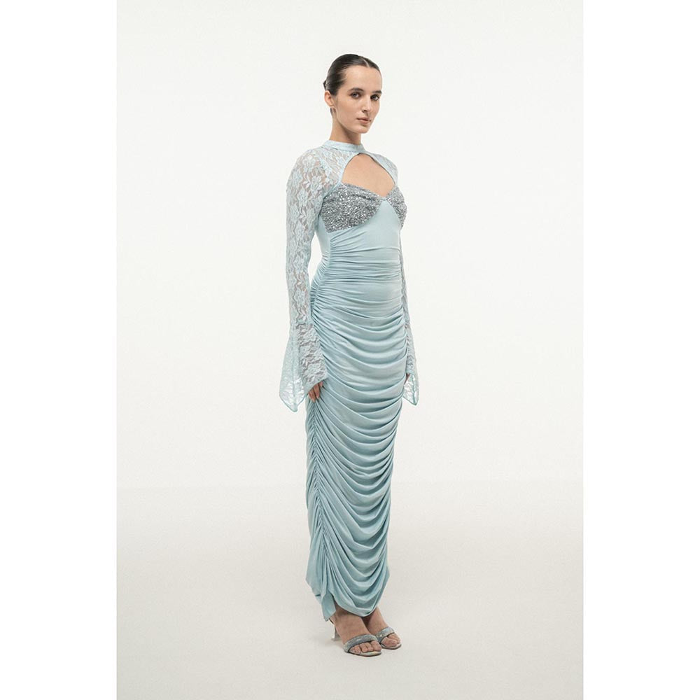 SOTBELLA BLUE LACE SLEEVE RUCHED DRESS