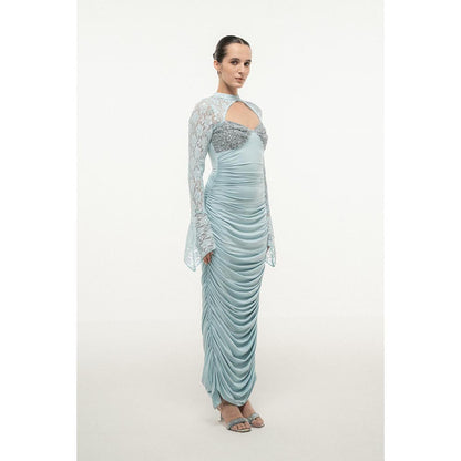 SOTBELLA BLUE LACE SLEEVE RUCHED DRESS