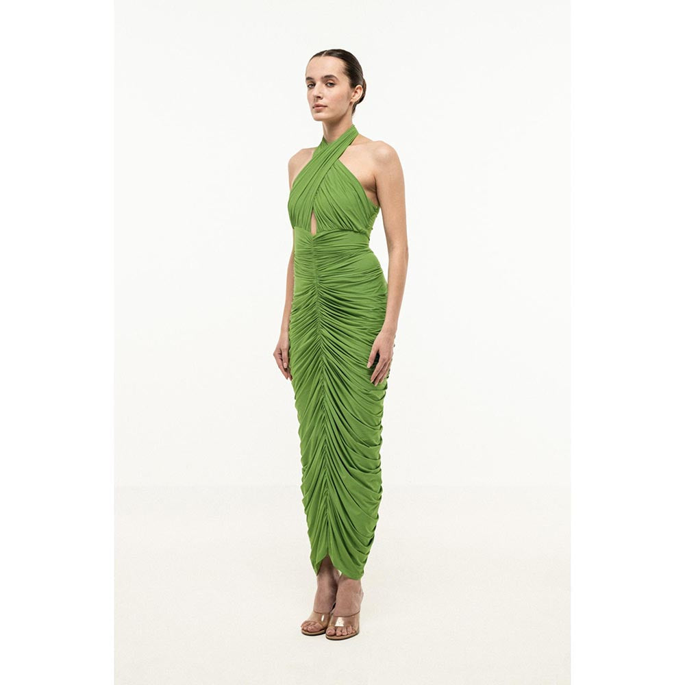 SOTBELLA GREEN HALTER-NECK RUCHED DRESS