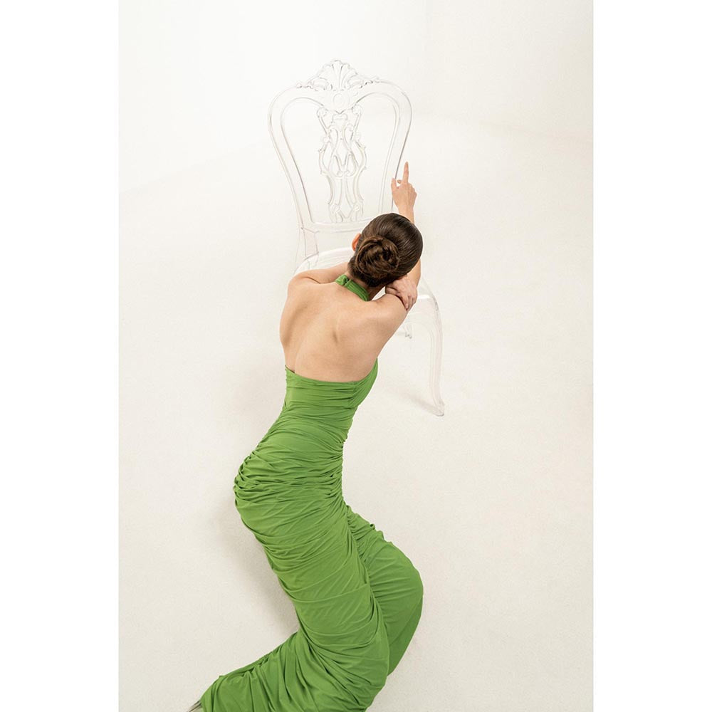 SOTBELLA GREEN HALTER-NECK RUCHED DRESS