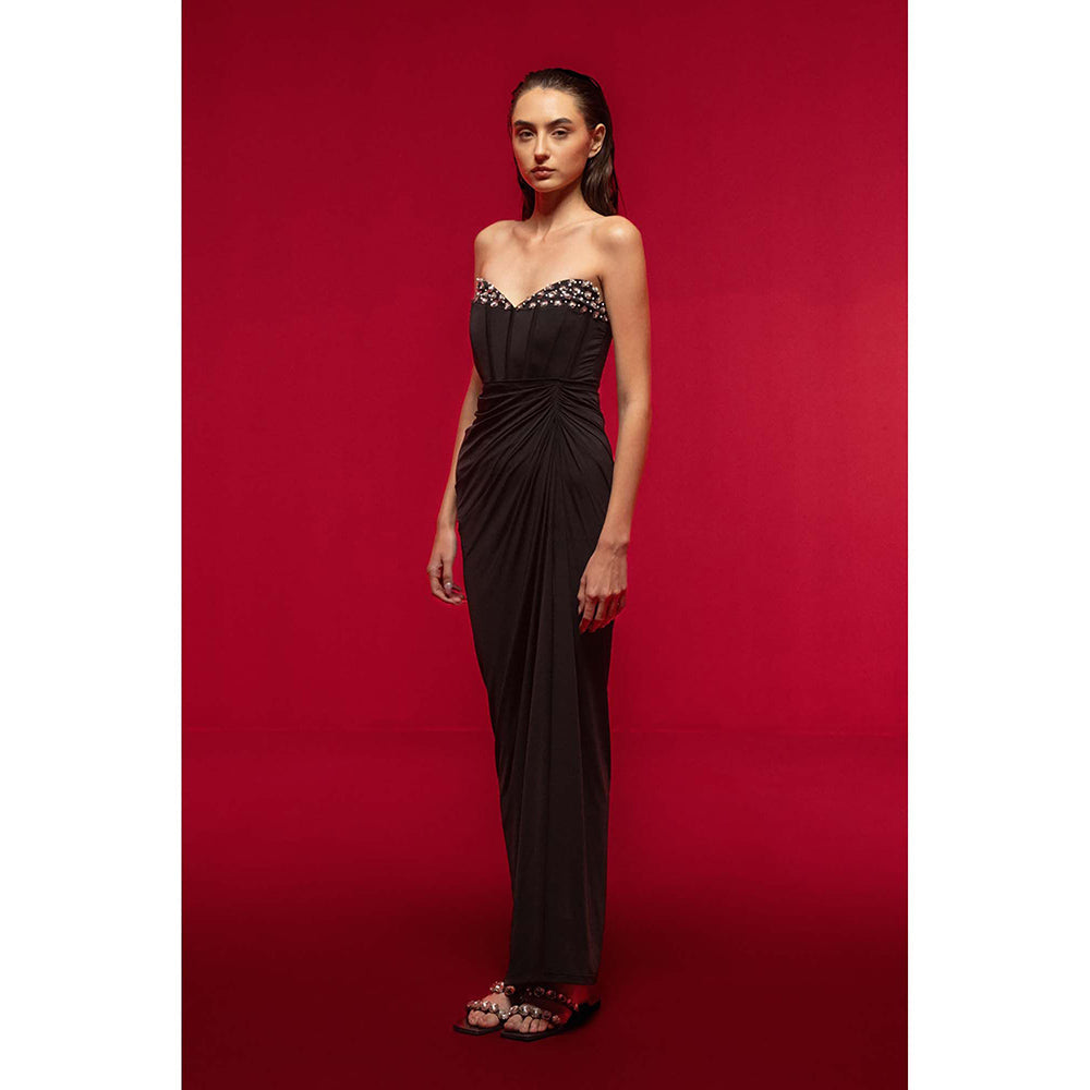 SOTBELLA Black Embellished Strapless Dress with Slit