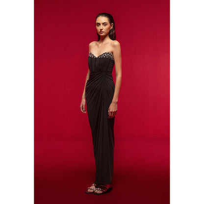 SOTBELLA Black Embellished Strapless Dress with Slit